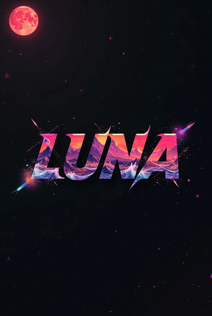 High resolution, logo spelling swiftly “Luna” cool, Jdm theme, anime theme, Cyberpunk vibe name spelling, brand logo, logo for tshirt, brand logo “LUNA”, neon vibes, acid trip vibes, acid trip, shooting stars, acid trip inside “LUNA”, acid trip, hallucinations inside “LUNA”, Waves of hallucinations, splash, waves of futuristic hallucinations, futuristic wave, stars in the background, red strange moon, waves of water and lone black trees, silver red star dust,