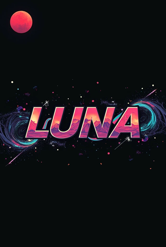 High resolution, logo spelling swiftly “Luna” cool, Jdm theme, anime theme, Cyberpunk vibe name spelling, brand logo, logo for tshirt, brand logo “LUNA”, neon vibes, acid trip vibes, acid trip, shooting stars, acid trip inside “LUNA”, acid trip, hallucinations inside “LUNA”, Waves of hallucinations, splash, waves of futuristic hallucinations, futuristic wave, stars in the background, red strange moon, waves of water and lone black trees, silver red star dust,