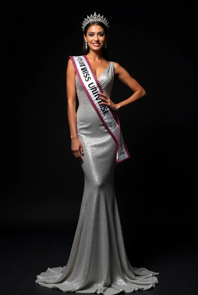 Photoshoot of miss Universe with Silver Evening gown, crown and Sash. Black Background. Slim body, beautiful face. From back turn to in front of. 