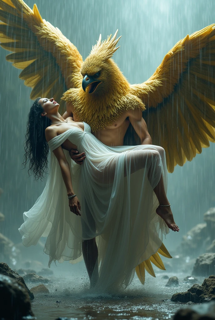 Garuda Man with golden feathers walks in the middle of a rainstorm while carrying the body of a beautiful, sexy woman wearing a white, transparent dress, all soaked. 