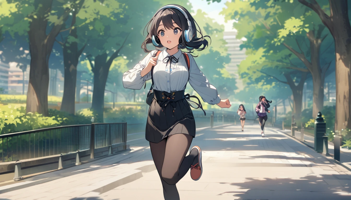A woman with black hair and cute clothes running in the park,Streetscape、Listening to music with headphones、Japanese