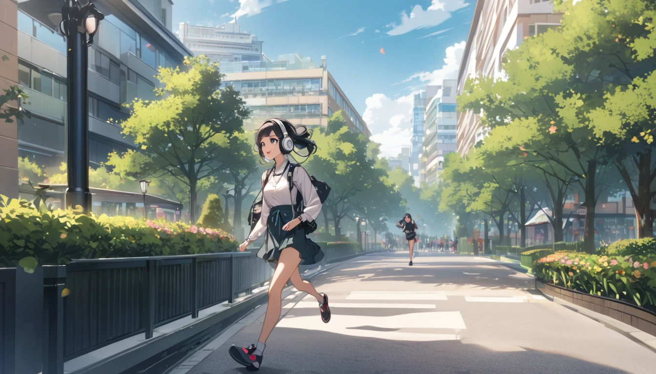 A woman with black hair and cute clothes running in the park,Streetscape、Listening to music with headphones、Japanese