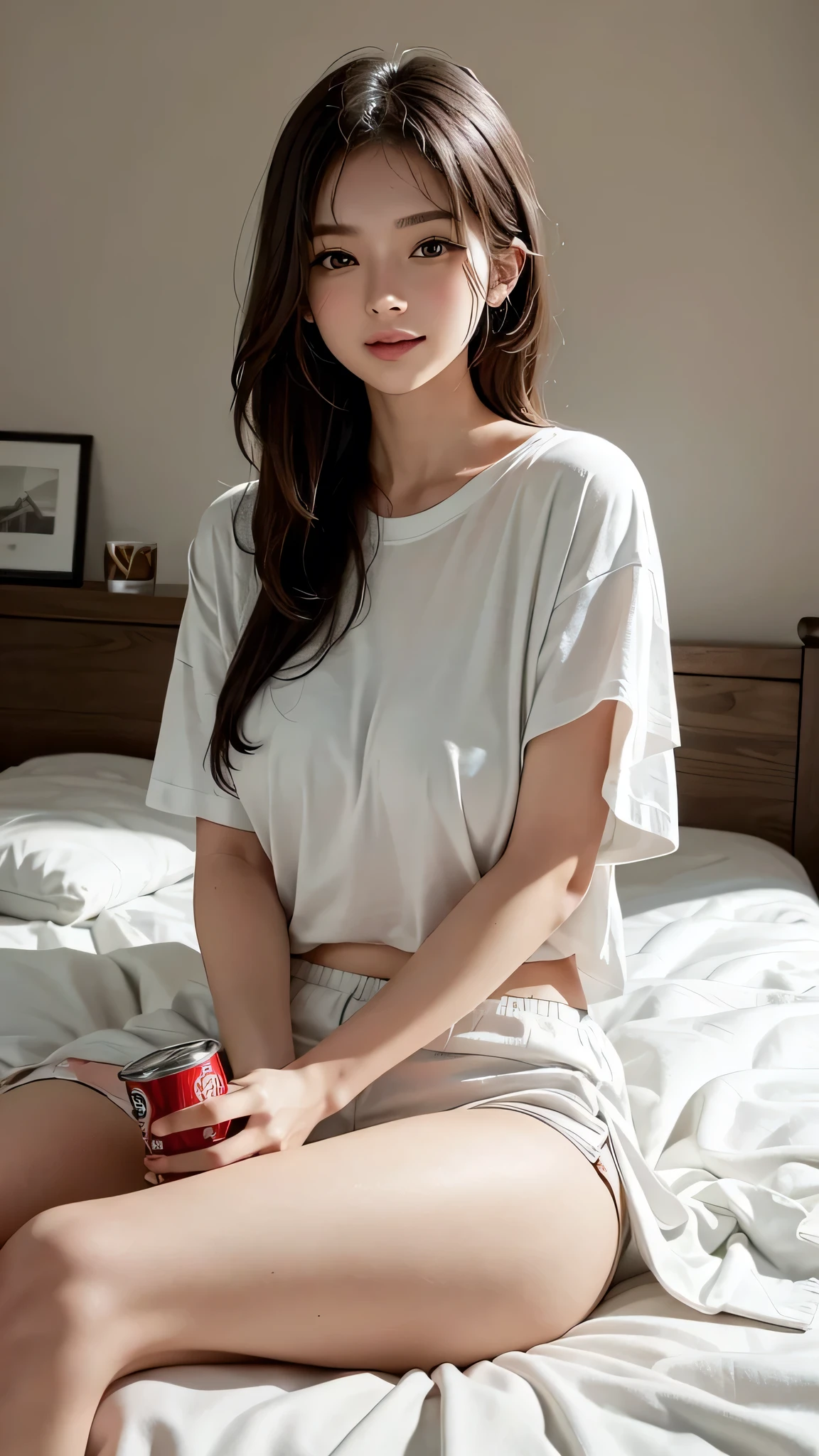 “A beautiful woman fresh from a bath, dressed in an oversized white T-shirt and comfortable shorts, lying on her stomach in a relaxed pose on a cozy bed. She holds a can of beer in one hand, resting her chin on the other, with a warm, radiant smile that lights up her face. Her damp hair is slightly tousled, spreading naturally across the pillow, adding to her relaxed and casual look. The oversized T-shirt drapes comfortably over her back, enhancing the laid-back vibe. The bed is made with soft blankets and pillows, creating a warm and inviting atmosphere in the softly lit room. The scene captures a moment of casual comfort and happiness, with the woman enjoying her beer and the cozy, relaxed setting.”