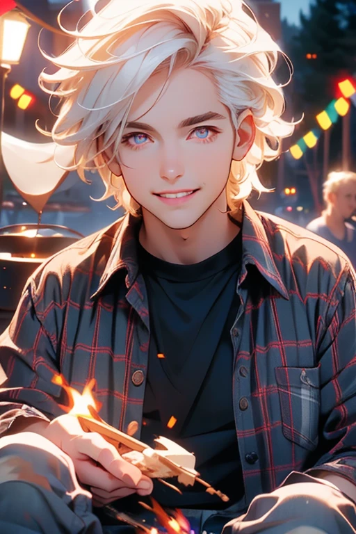 Perfect face. Perfect hands. A young white haired man with red eyes in a plaid shirt and jeans is smiling while making s'mores at a fire pit at night