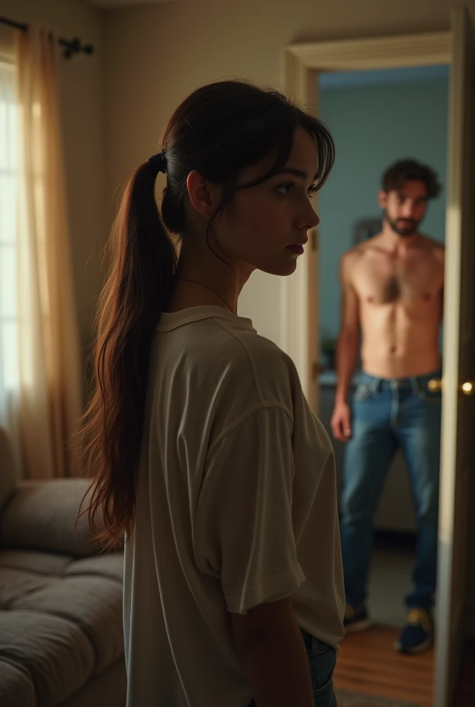 A girl with long hair, chestnut, white skin brown eyes, with hair tied back in a ponytail, She is wearing pants and a blouse that are obviously one size larger than I need., His face is sad, crying, In front of her a handsome man without a shirt, next to a door, The scene must capture the moment when she discovers him being unfaithful., Real photo 