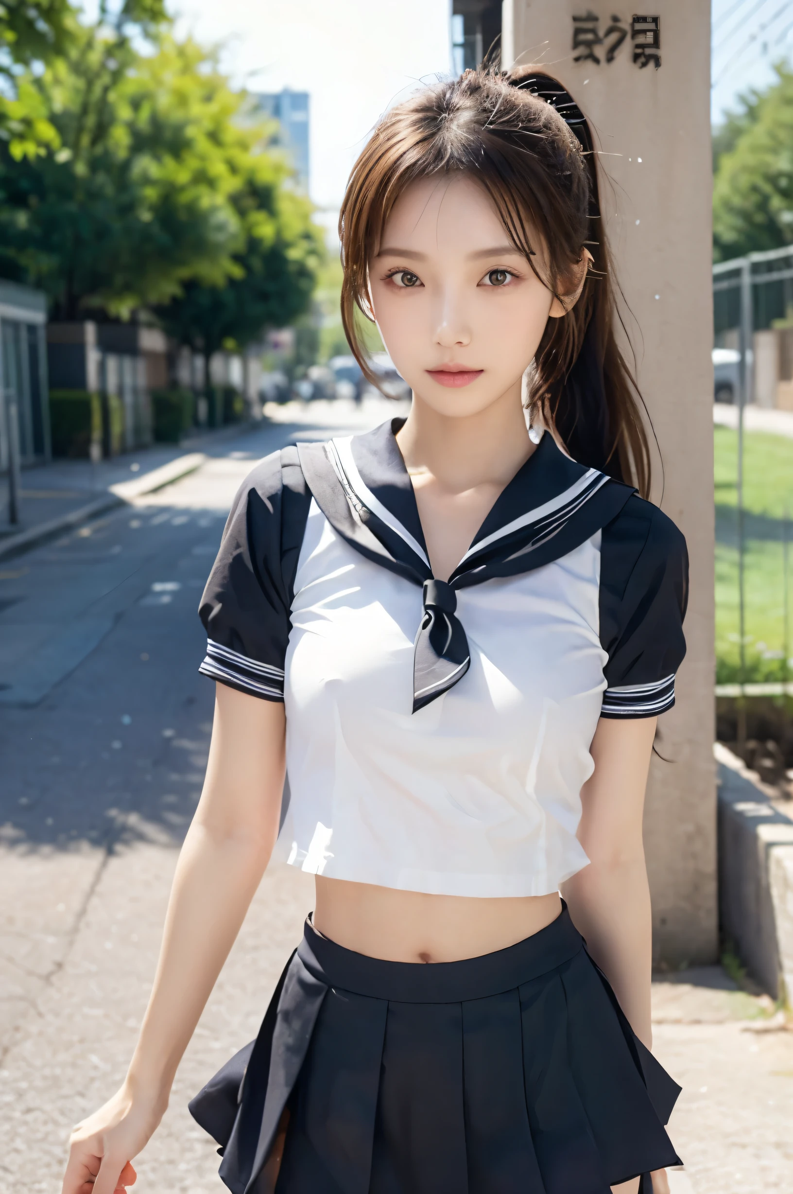 (Ultra HD), (Looking at me), (The whole body is shown), (Black short-sleeved sailor suit, Black low rise mini skirt), Big Breasts, slender, Narrow waist, (The belly button is visible:0.6), (Thin legs:1.2), (Thin thighs:1.2), (Thin Hips:1.4), (Beautiful Skin, Shiny skin, White skin), (Super slim face, Super beautiful face, No makeup, Smile:0.6), (light brown, ponytail, Layered Cut, Fluffy hair), (double eyelid, Slanted Eyes), Small Nose, Thin lips, Are standing, In front of the school gate