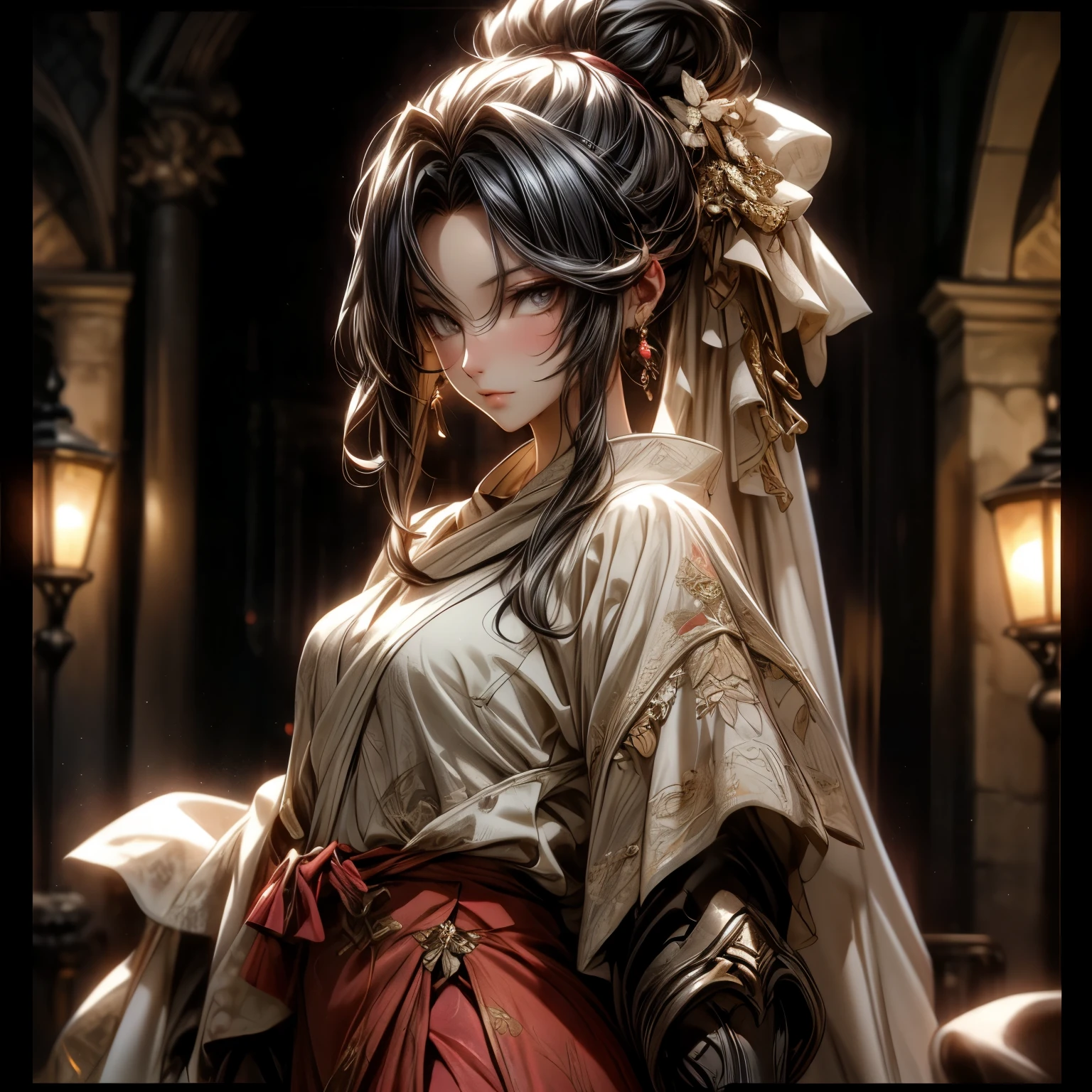 (best quality)), ((Masterpiece)), (details:1.4), 3d, HDR (high dynamic range), an image of a beautiful cyberpunk female, medieval, Black hair, High ponytail, Full body, Beautiful white eyes, จมูกโด่ง, ปากแดง, หน้าอกใหญ่, nvidia RTX, PBR surface, After processing, Anisotropic filtration,depth of field, Maximum clarity and clarity, multi-layered surface, Subsurface scattering, perfect proportions, 8K raw files, ultra detailed, Perfect proportions, volumetric lighting, soft lighting, Holy Paldin, Heavy Silver Armor, Golden dress, glossy skin, intricate Silver embroidery, Castle background, jewely, ต่างหู, นิ้วมือสมบูรณ์, mini Red skirt,