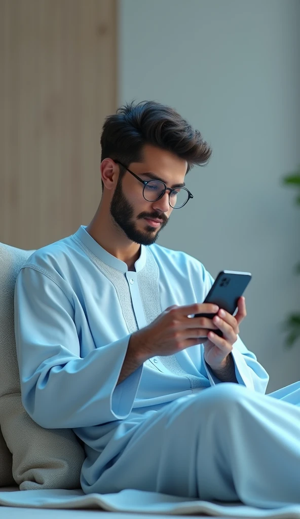 a 20 year old young man wearing a light blue jalabiya robe, glasses, lying on a cushion on the ground, playing with a phone, light beard, simple background, best quality, 4k, 8k, highres, masterpiece, ultra-detailed, realistic, photorealistic, photo-realistic, HDR, UHD, studio lighting, ultra-fine painting, sharp focus, physically-based rendering, extreme detail description, professional, vivid colors, bokeh