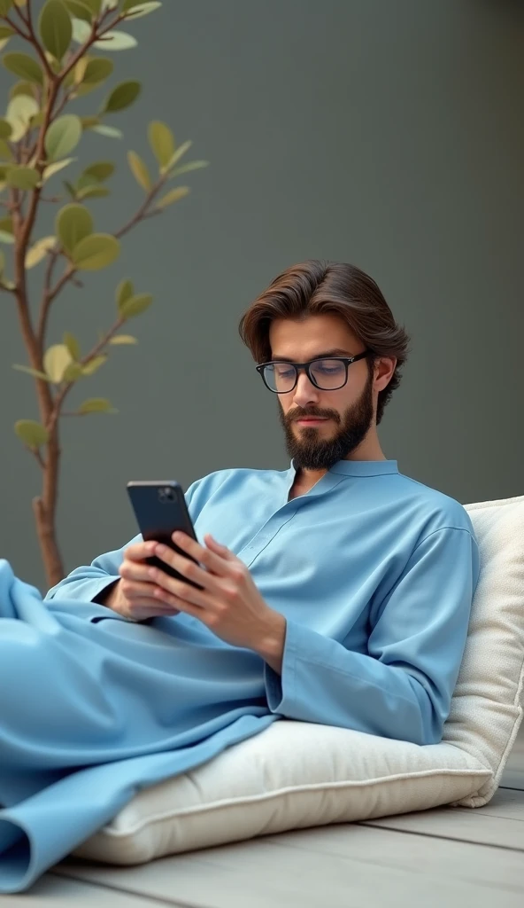 a 20 year old young man wearing a light blue jalabiya robe, glasses, lying on a cushion on the ground, playing with a phone, light beard, simple background, best quality, 4k, 8k, highres, masterpiece, ultra-detailed, realistic, photorealistic, photo-realistic, HDR, UHD, studio lighting, ultra-fine painting, sharp focus, physically-based rendering, extreme detail description, professional, vivid colors, bokeh