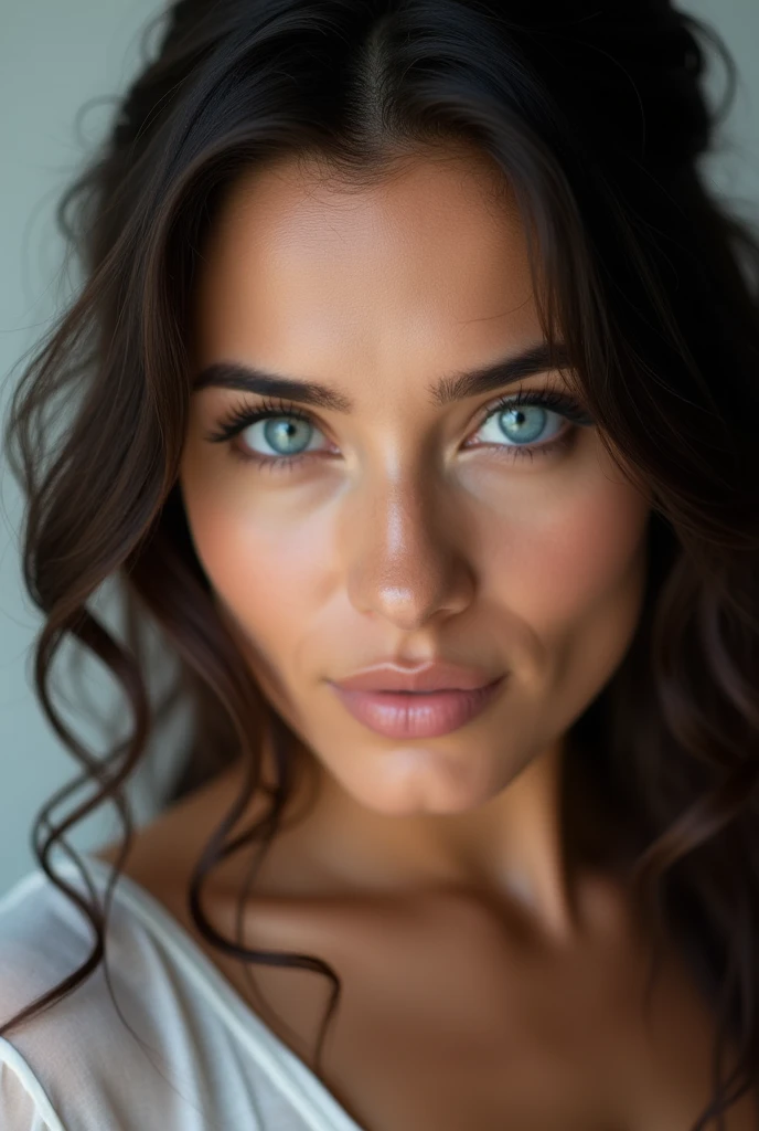 Femme brune yeux bleu de bleu full face qualiter 4k Tipe latina