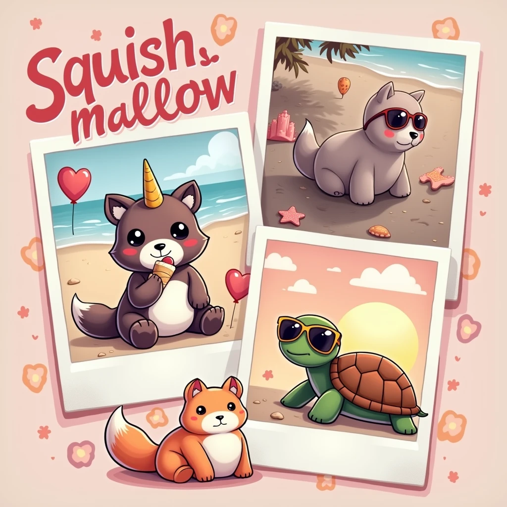create a smart illustration, with good layout, and design features, ((glad)) with good contrast, with fine and delicate lines, cute fun, to the audience (The image features three photos with polaroid style images ((3 squishmallows animals estilo cartoon. Nota:(((the squishmallows have to look like teddy bears))): to the left, um rapoza laranja glad; on the right a brown unicorn, big round eyes eating ice cream, e uma tartaruga glad de óculos escuros.)). the photos are random with different places situations, are different in each photo, the art in general presents a distribution with characteristics of shirt prints, in which "no" end up in a rectangular shape. Below this scene, there is text that says “Make good Memories” the stylized art suggests a relaxed summer vibe. The font color transitions from pink at the top to yellow at the bottom, imitating a sunset. This image evokes nostalgia for amusement park rides., adventures in toys, symbolizing freedom and leisure.