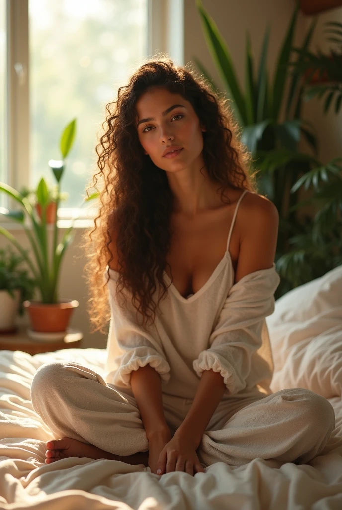 (photorealism:1.2), beautiful woman, sitting on bed, wearing loose off-shoulder top, pajama pants, long curly hair, indoors, soft lighting, plants in background, window with sunlight, cozy room, relaxed pose, realistic, intricate details, warm colors, by Greg Rutkowski, by Alphonse Mucha