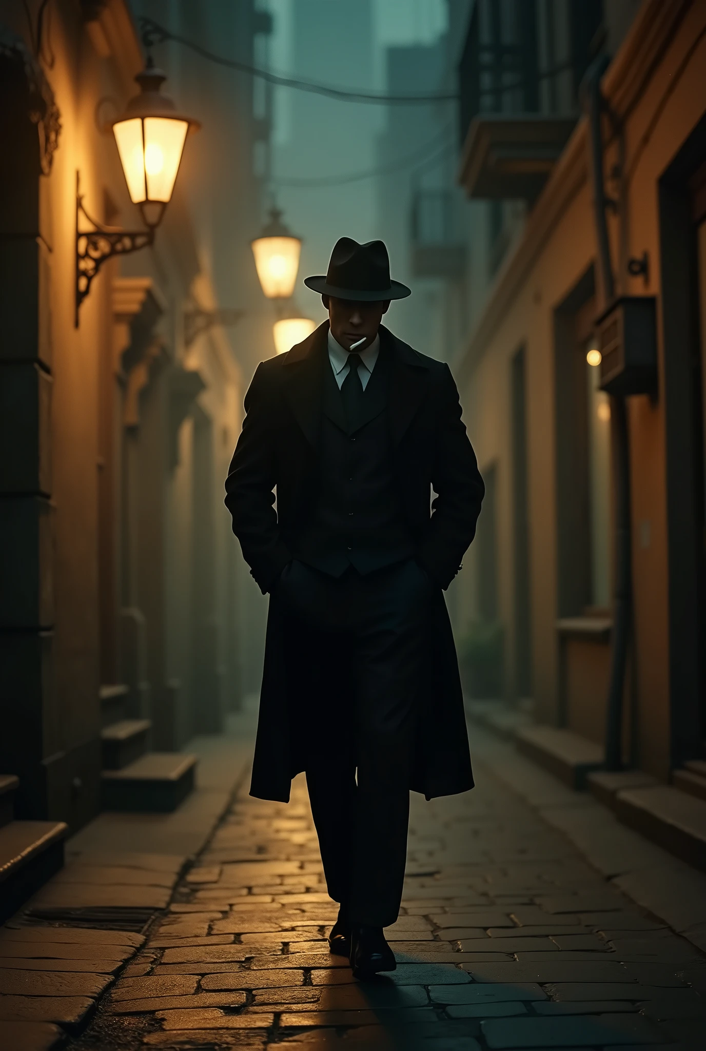 create a man with a hat like in a film noir he is walking on a dark street and smoking a cigarette and the street has old streetlights behind him
