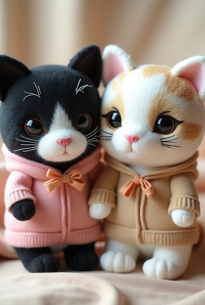 plushie, 2 cats, a black and white cats and a White cat with brown stripes, The material is made of fur doll cloth from the Miniso brand, kawaii design, wearing hoodies and ribbons around their necks, The brand's eyes are made of black amigurumi eyes, and the nose is black, the cat's whiskers are made of black thread ,Head size is larger than body,