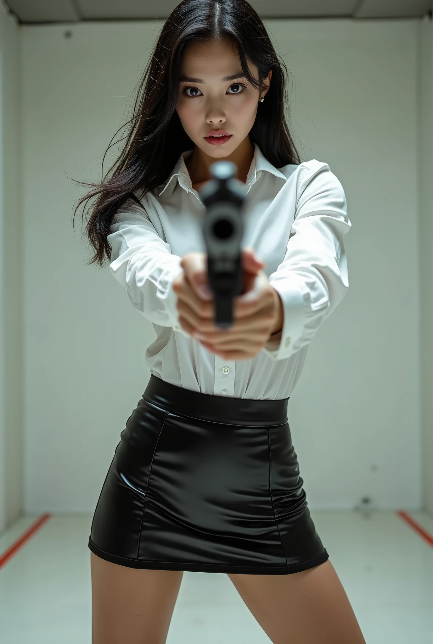 real beautiful sweet big eyes office lady japanese white shirt latex low mini skirt standing stance legs open wide spreading full portrait holding rifle gun pointing at you front facing aiming at you shooting range sexy legs