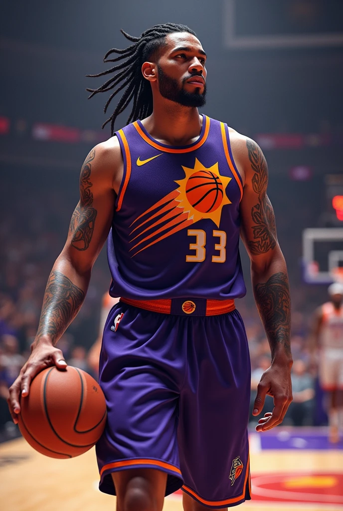Basketball player, phoenix suns, Sleeve on the right arm, nagô braids on the head, male, shipowner, face similar to Jayson Tatum