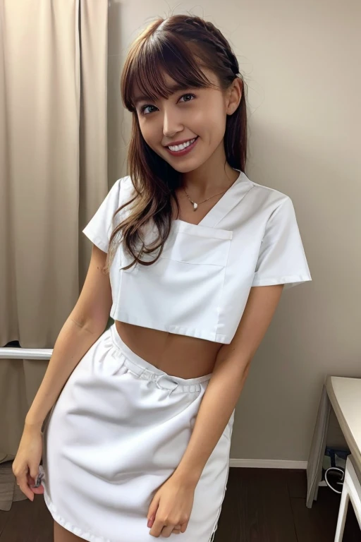 One girl, Beautiful woman,Nurse wearing a skirt、Perfect body, Defined Abs, Golden Hair, Standing in a photo studio with white walls,  Highly detailed face, Beautiful Eyes, Beautiful Lips, double eyelid, A shy smile, Shorn bangs, Sunburned skin, Pubic Hair Tips, (Highest quality, 8k, masterpiece:1.3), front and full body shot, Pussy Line, Positive