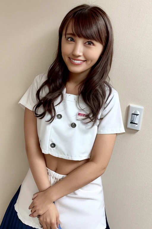 One girl, Beautiful woman,Nurse wearing a skirt、Perfect body, Defined Abs, Golden Hair, Standing in a photo studio with white walls,  Highly detailed face, Beautiful Eyes, Beautiful Lips, double eyelid, A shy smile, Shorn bangs, Sunburned skin, Pubic Hair Tips, (Highest quality, 8k, masterpiece:1.3), front and full body shot, Pussy Line, Positive