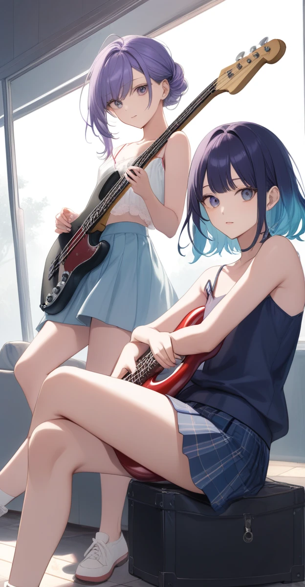 one, cute girl、((camisole、skirt、Silver Accessories)、(He is playing the bass guitar with his legs crossed)、(She is wearing a bra and low-rise panties as a setting.)、(Indigo hair color、Pale pastel colored inner hair style、Long bangs down to the shoulders、Stylish hairstyle、 Beautiful Hair), Facial Contour, Remember, one's home,sofa、Lens flare,Natural Color, High resolution, Very delicate, Very detailed, 8k、(smile)