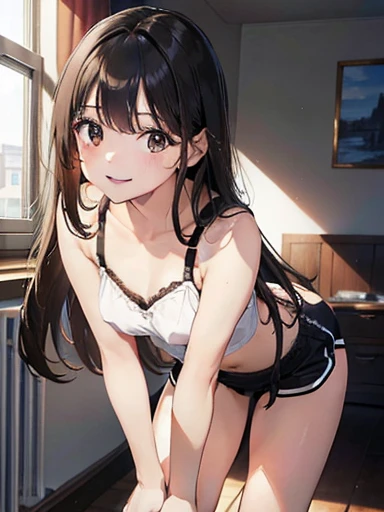 masterpiece, High resolution, High resolution, High resolution, Girl, cute, adorable, smiling, straight hair, long hair, black hair, brown eyes, morning, clear weather, looking at the camera, bedroom, sunlight, bra top, from thighs to head, standing,
(leaning forward:1.2),
bend down,
hands on knees