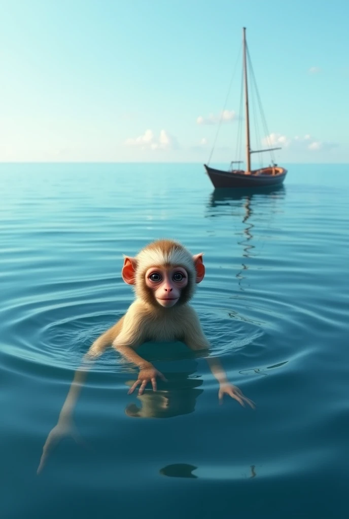 realistic capuchin monkey in the middle of the ocean with a little boat