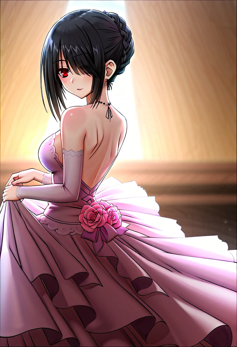 tokisaki kurumi,((masterpiece)),(((best quality))),((ultra-detailed)),((illustration)),((disheveled hair)),((frills)),(1 girl),(solo),Wavy hair secretary,solitary,Exquisite eyes,Fine black hair,( Smooth skin:1.2)( Wear a gorgeous and sparkling evening gown:1.2), Slender body proportions,Back,Gorgeous room,backless outfit,back focus,from behind,Simple background, Blurred Background, Glossy background,long hair,Hairstyle,upper body,
