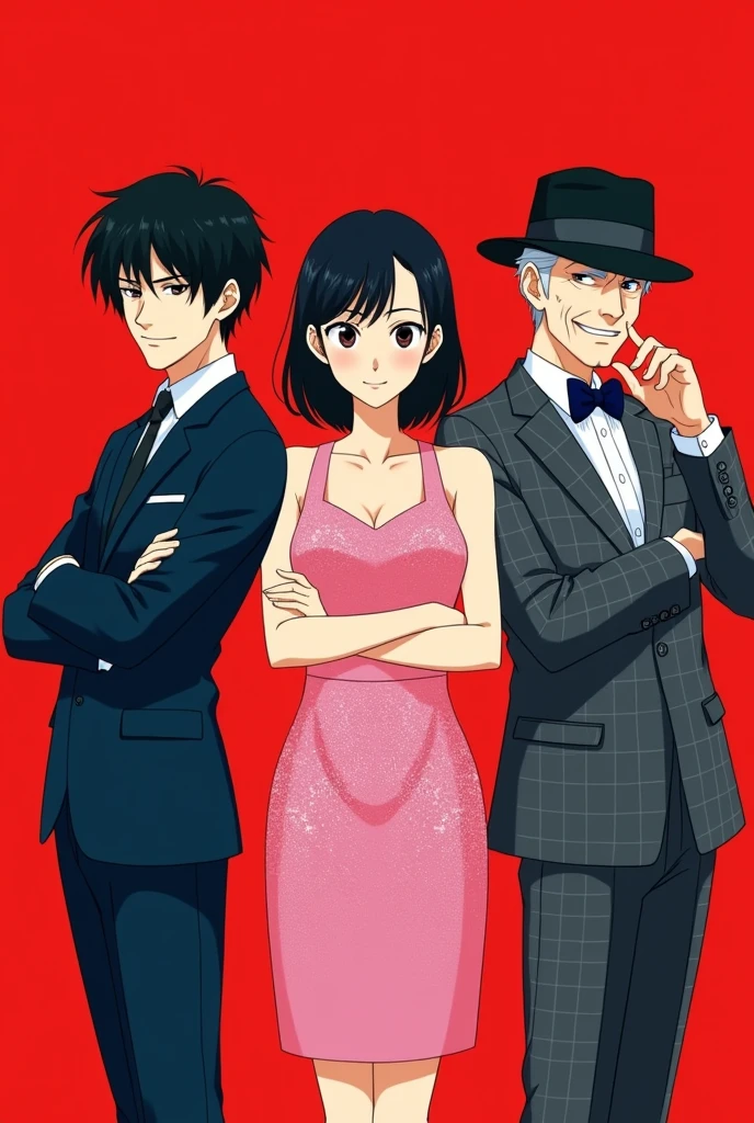 Against a bold red background、Stylish trio standing side by side. The man on the left has short black hair., Wearing a dark blue suit and tie、Arms crossed, Put on a serious expression. The woman in the center has short black hair., Wearing a sleeveless pink sequined dress, Smiling Kindly. The older man on the right、He is wearing a gray checked suit with a bow tie.。, And a black fedora, She is smiling confidently with one hand on her chin. The composition is balanced, The three figures are in semi-formal poses.Japanese