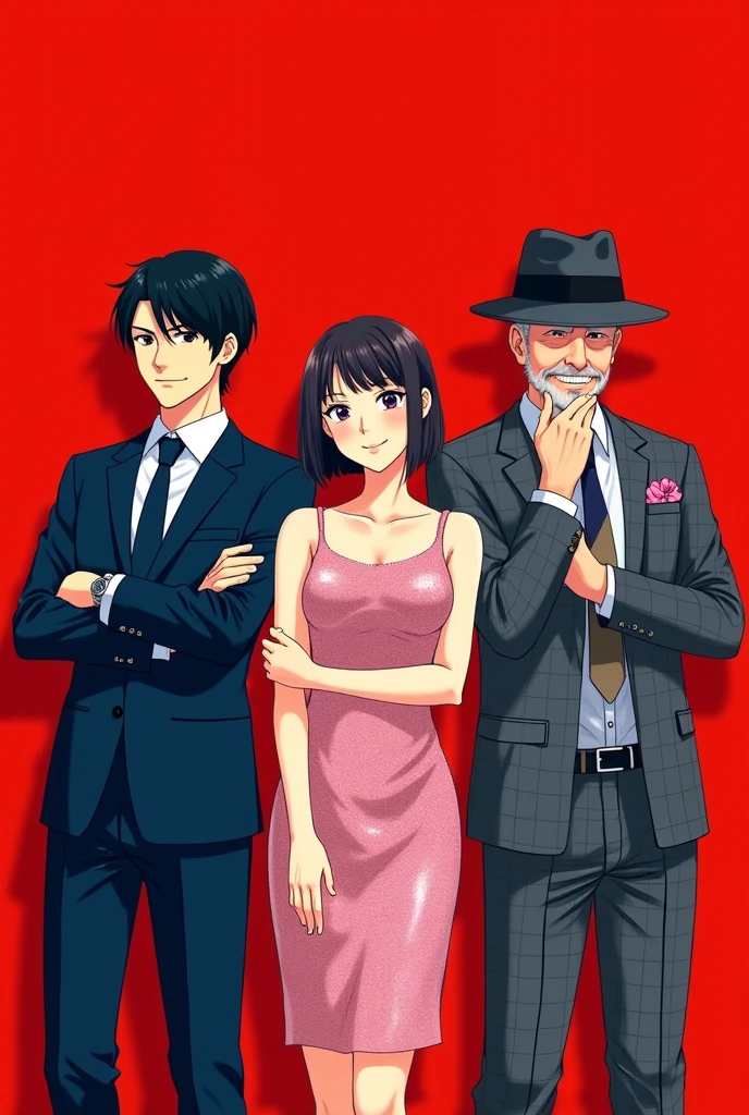 Against a bold red background、Stylish trio standing side by side. The man on the left has short black hair., Wearing a dark blue suit and tie、Arms crossed, Put on a serious expression. The woman in the center has short black hair., Wearing a sleeveless pink sequined dress, Smiling Kindly. The older man on the right、He is wearing a gray checked suit with a bow tie.。, And a black fedora, She is smiling confidently with one hand on her chin. The composition is balanced, The three figures are in semi-formal poses.Japanese