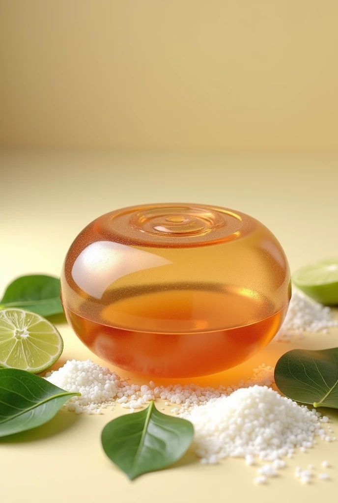 Make a transparent copper-colored soap shape, round shape, with kaffir lime leaves, coconut, and rice milk.