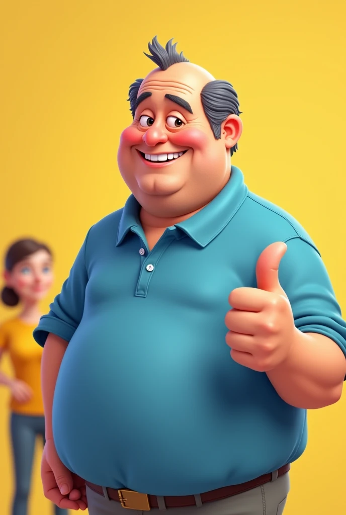 Imagine a cartoon man of approximately (40 year old), with a slightly corpulent body. He is “bald” on top of his head, but has dark gray hair on the sides, your face is normal and not angry. He is wearing a blue polo shirt, and the bottom of the shirt is a little loose. He is smiling and giving a thumbs up with his right hand.. THE BACKGROUND IS SIMPLE, maybe a yellow color with some people in yellow in the background, so as not to divert attention from the character. He is bald on top of his head and has only a few hairs on the sides.