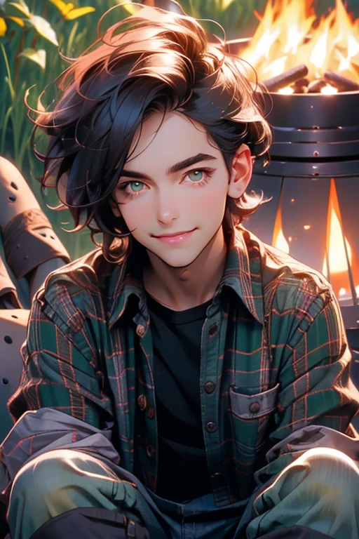 Perfect face. Perfect hands. A young black haired man with green eyes in a plaid shirt and jeans is smiling while making s'mores at night by a fire pit