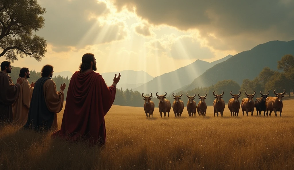 "A scene inspired by the Bible, depicting the solemn moment when Job's friends prepare to offer sacrifices in an open field. Seven bulls and seven rams are lined up majestically, while a group of men, dressed in ancient garments, kneels in worship. Ao fundo, the figure is good, with an expression of compassion and determination, Stands out, raising hands in prayer. The sky is dramatic, with dark clouds and rays of light filtering through them, symbolizing the divine presence. The environment is natural, with trees and mountains in the distance, bringing a touch of realism to the sacred scene."
