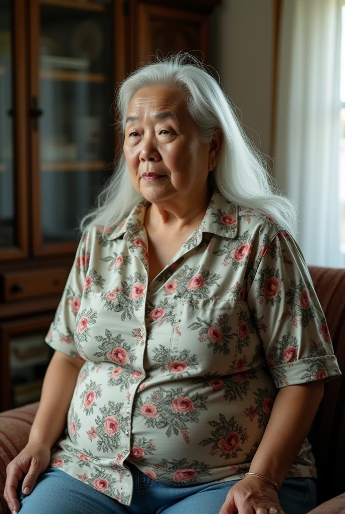 A 70-year-old grandmother,masterpiece、Ultra-high resolution,Asian,white hair,long hair,Huge breasts,(((Wearing a short-sleeved floral shirt, Unbutton half of the buttons))),((( whole body posture))),huge saggy breast outline,Tight,obesity,Clothes buttons exploded,
Black lace,Squat,Mouth biting a banana,Showing smooth and plump thighs,1 1 male student,Japanese style houses
