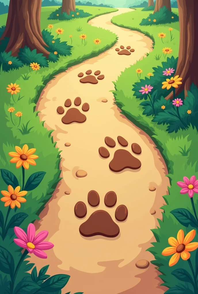3 dog paw prints on a path with grass and flowers around with a human hand print on the path. Version cartoon