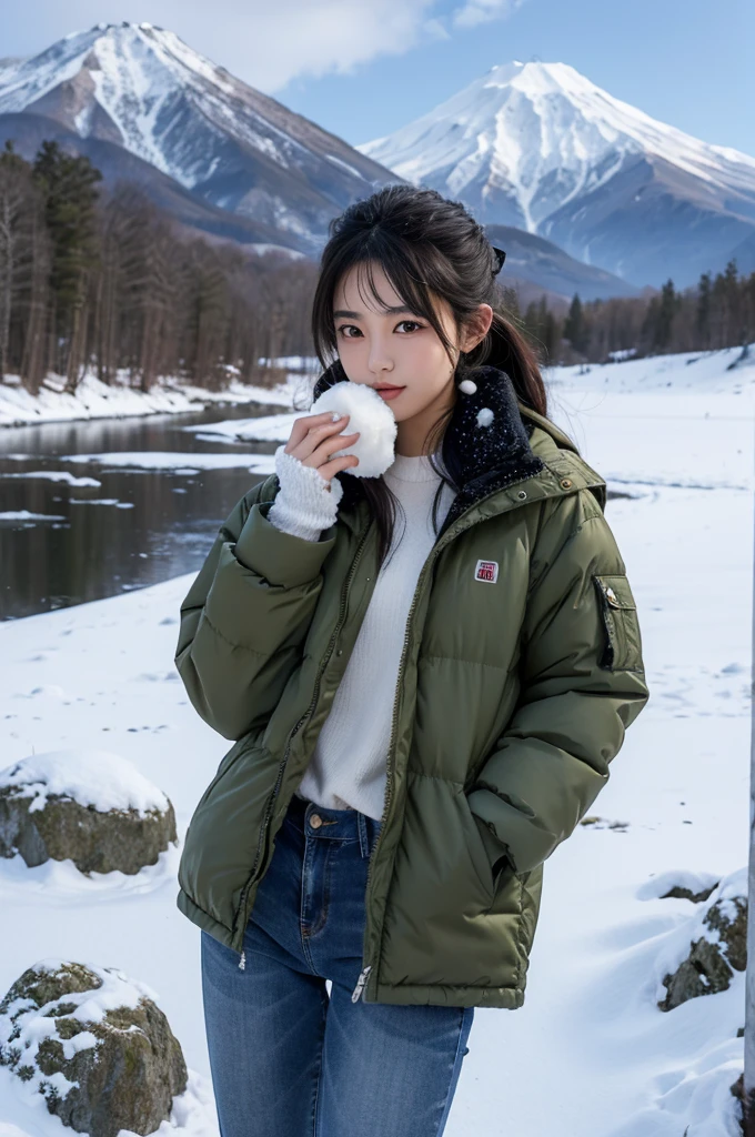 japanese girl, jeans, mountain, olive puffer jacket, snow, black gloves