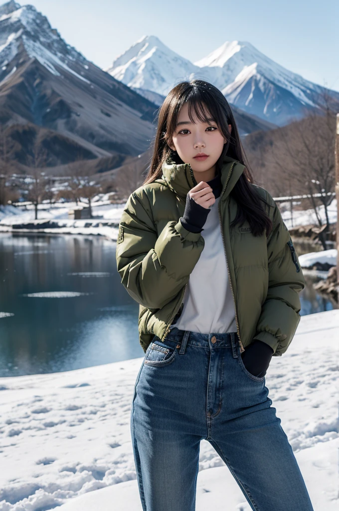 japanese girl, jeans, mountain, olive puffer jacket, snow, black gloves