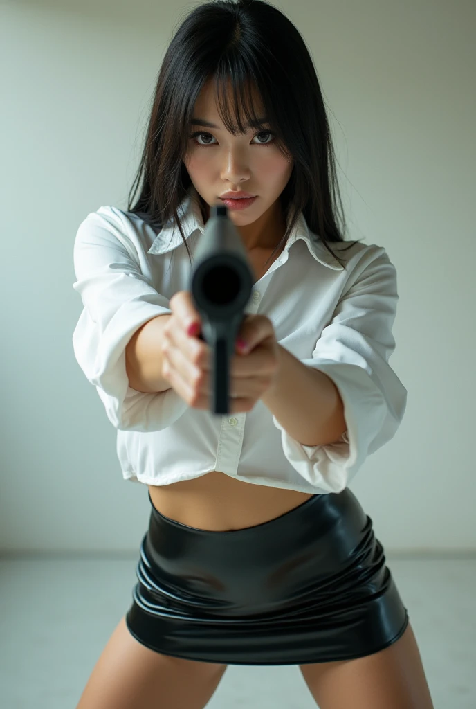 real beautiful sweet big eyes office lady japanese white shirt latex low mini skirt standing stance legs open wide spreading full portrait holding rifle gun pointing at you front facing aiming at you shooting range sexy legs