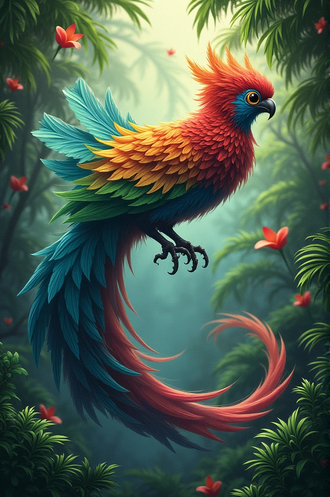 Create a picture of a big bird which has multicolour and has a long feathery tail and very feathery wing with a jungle background and in front of it 'paradox' is written in bold letters and below it 'ultimate singing and chatting Gc' in small letters but creative