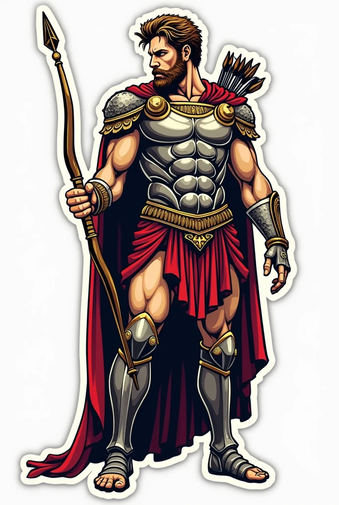 Apollo in an armour, firing a bow and arrow with a lyre at his back.Make his face a little fierce.  No background. Sticker style. Just show half his body. It has bold outline. He is facing to the front. It will be a logo so make the details simple.