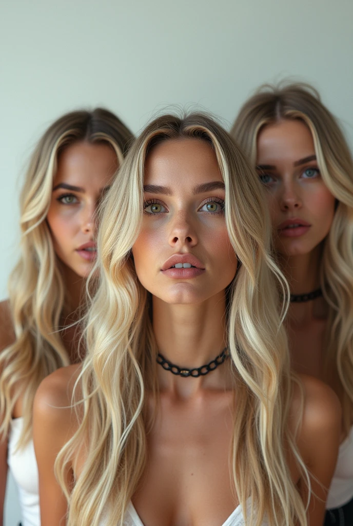 Photography of 3 blonde woman with camera pointed at her head in 4k with hair in twists