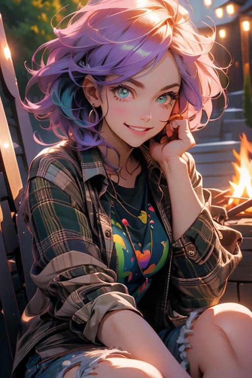 Perfect face. Perfect hands. A light purple haired woman with green eyes with an hourglass figure in a plaid shirt and ripped shorts is smiling while making s'mores by a fire pit at night