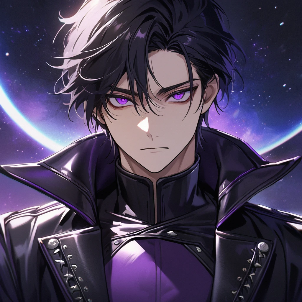High quality, HD, 4k, no shadows, handsome male, handsome, extremly handsome, 1male, 1 male, teenager, pure black hair, short black hair, dark hair, black hair, jet black hair, sharp eyes, deep purple colored eyes, dark purple colored eyes, deep violet eyes, violet eyes, devil may cry, close up, calm expression, stoic expression, black leather clothes, black leather clothing, leather clothing, lean body, well trained body, upper body, looking at viewer, cowboy shot, white solar, space background