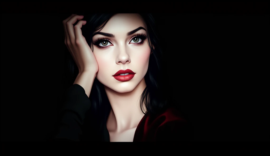 portrait of femme_fatale, long_hair, realism, (best quality,4k,8k,highres,masterpiece:1.2),ultra-detailed,(realistic,photorealistic,photo-realistic:1.37),intricate_details,cinematic_lighting,dramatic_shadows,dark_moody_atmosphere,exquisite_facial_features,piercing_gaze,seductive_expression,elegant_pose,luxurious_dress,