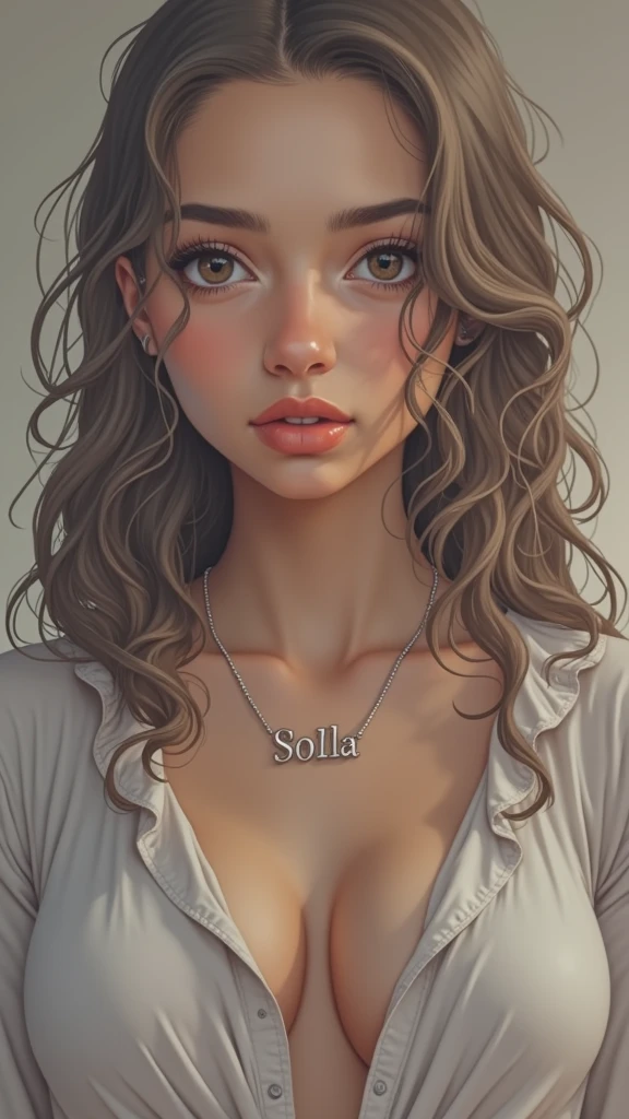 1 Brazilian girl. Small, slightly slanted black eyes. Medium brown wavy curly hair. A fuller face and well-defined lips. Darker brown skin. A necklace with the name Solla. Darker eyes. More curls in the hair.