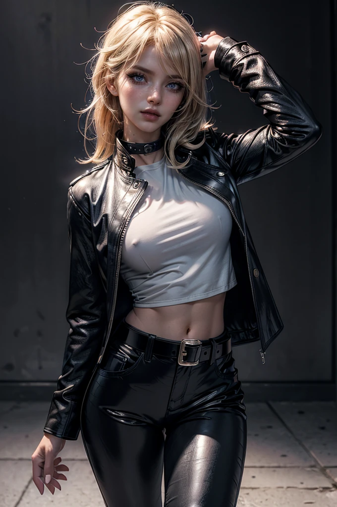 cowboy shot,a pretty 2 girl,blond hair,blue eyes,lora_Emma,slim athletic body,tight and stretched white blouse with buttons,button gap,short sleeves,pokies,ultra low rise black shiny latex pants,(double metal belt),belly button,empty studiobackground,((black leather coat)),(best quality,4k,8k,highres,masterpiece:1.2),ultra-detailed,(realistic,photorealistic,photo-realistic:1.37),dramatic lighting,cinematic,fashion photography,studio lighting,high contrast,vivid colors,beautiful detailed eyes,beautiful detailed lips,extremely detailed eyes and face,long eyelashes, (touching hair), (hand in pocket)