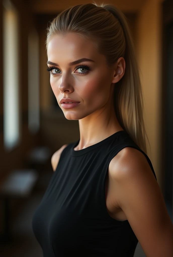 a very realistic and detailed photo of beautiful french woman, tight black dress, perfect makeup, long straight sleek blonde ponytail hair, high quality, photorealistic, 8k, luxury, elegant, sophisticated, confident, studio lighting, cinematic, glowing skin, piercing eyes, full lips, sharp focus