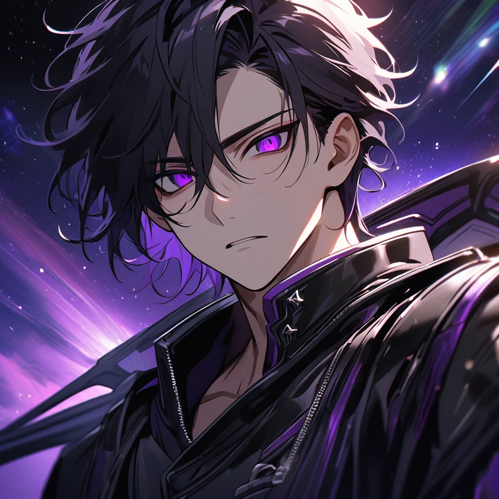 High quality, HD, 4k, no shadows, handsome male, handsome, extremly handsome, 1male, 1 male, teenager, pure black hair, short black hair, dark hair, black hair, jet black hair, sharp eyes, deep purple colored eyes, dark purple colored eyes, deep violet eyes, violet eyes, devil may cry, close up, calm expression, stoic expression, black leather clothes, black leather clothing, leather clothing, lean body, well trained body, upper body, looking at viewer, cowboy shot, white solar, space background