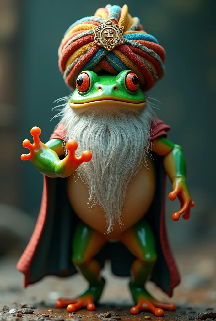 3D, enlightened frog agent with beard, wearing turban, superhero pose, 