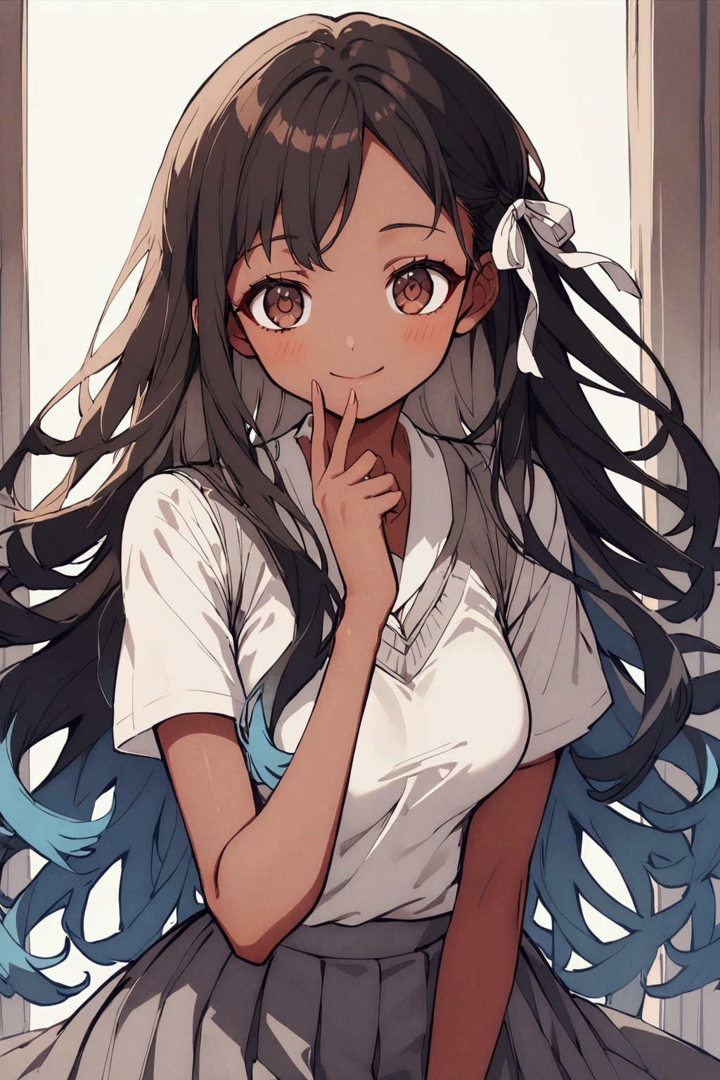 1girl, brown eyes, black hair with blue fade, blue strands in the hair, long hair, skinny waist, medium breasts, tan skin, gold jewelry, peaceful expression, calm, spotify, young girl, teenager girl, happy expression, majestic, brown skin, white shirt, gray sweater vest, gray skirt, white ribbon, ACTRESS LORE