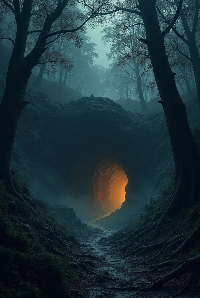 in a dense mystery cave, warm color tone,shadowy forest at dusk, with towering ancient trees partially obscured by thick, swirling mist. The ground is uneven, with patches of overgrown roots and scattered leaves. In the background, faint glowing eyes from unseen creatures peer through the fog, adding an element of danger and mystery. The sky is a mix of dark fire and deep blues, with the last rays of sunlight barely piercing through the canopy. The scene is lit by a cold, eerie light, casting long, dramatic shadows. The overall atmosphere should be intense, with a sense of impending action or a climactic moment.